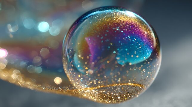 Colorful iridescent bubble with sparkling glitter reflects vibrant rainbow hues and bokeh effect.