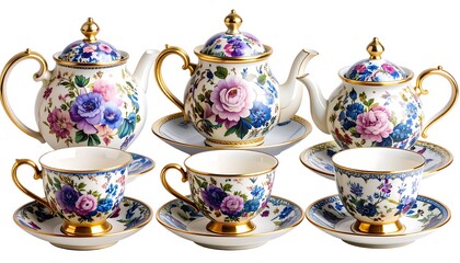 Elegant floral tea set on white background
