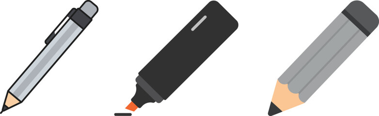 Illustration of writing instruments, including a pencil, pen, and marker.