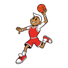 A basketball player jumps high, reaching for the hoop with power and focus, showcasing athleticism and determination in a thrilling moment of the game.
