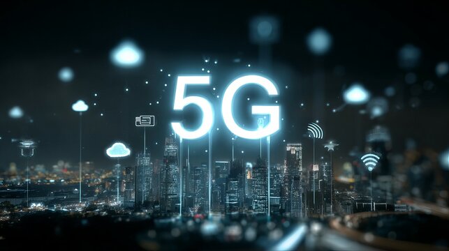 A futuristic cityscape illuminated at night, showcasing the digital concept of 5G technology with glowing network symbols.