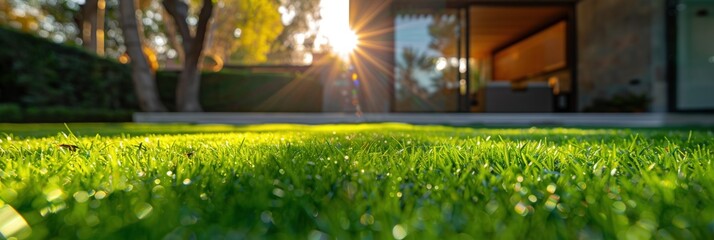 Grass and Modern House. Close-Up Green Lawn with modern house in the background.