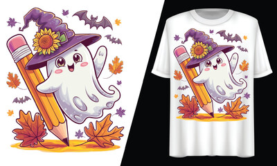 Obraz premium Ghost with Pencil and Sunflower, Halloween, T-Shirt Design.