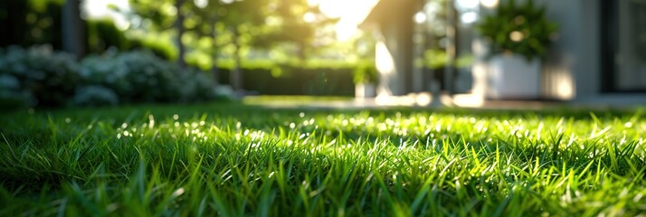 Grass and Modern House. Close-Up Green Lawn with modern house in the background.