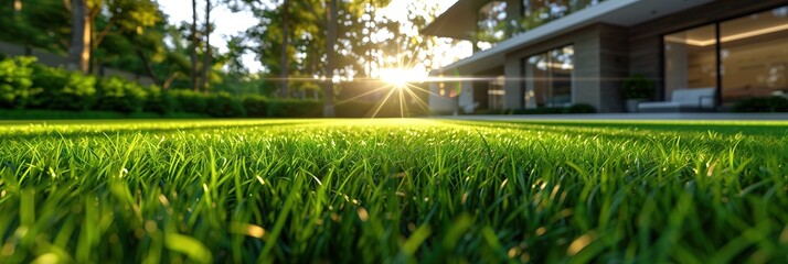Grass and Modern House. Close-Up Green Lawn with modern house in the background.