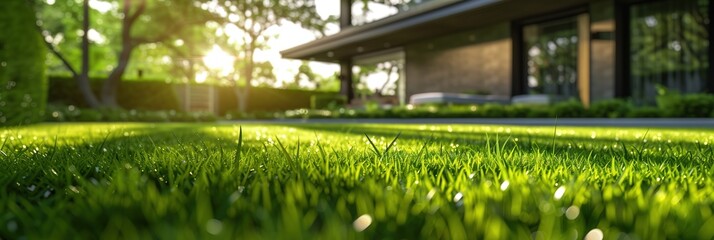 Grass and Modern House. Close-Up Green Lawn with modern house in the background.
