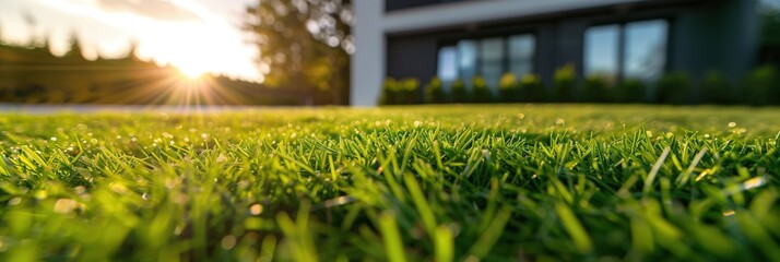 Grass and Modern House. Close-Up Green Lawn with modern house in the background.