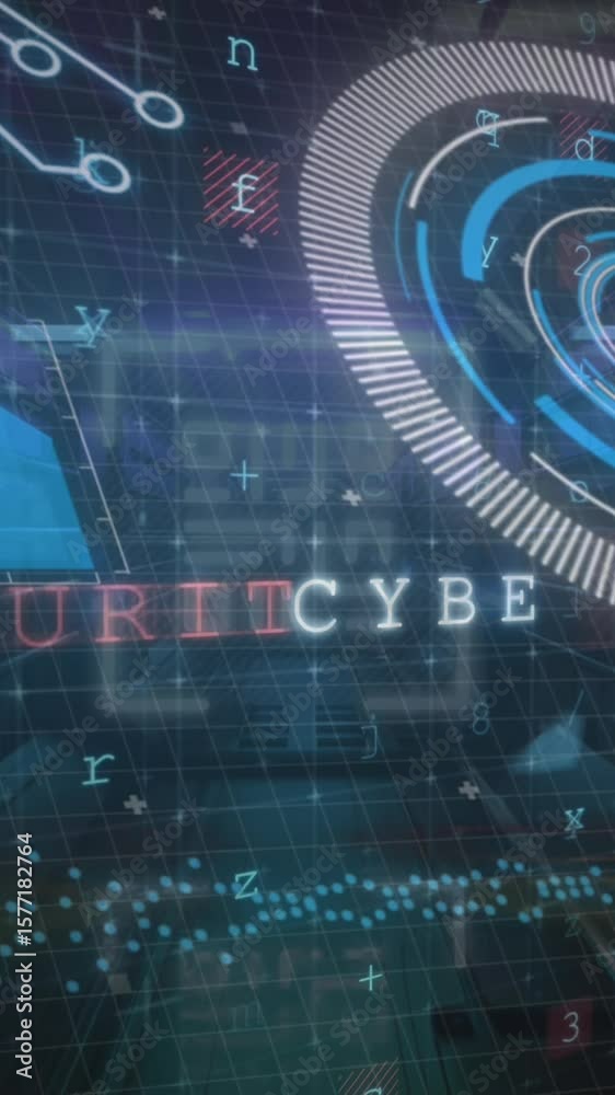 Poster animation of cyber attack warning, scope scanning, statistics and data processing