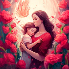 Tender Mother and Daughter Embrace in a Vibrant Rose Garden