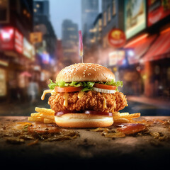 Delicious Crispy Chicken Burger with Fries on a City Street Background