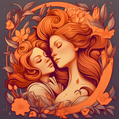 Ethereal Portrait of Two Women Embracing Amidst Floral Elements