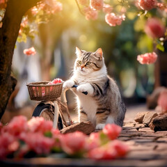 Cute Cat with Bicycle in a Blossom-Filled Garden