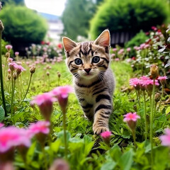 Adorable Tabby Kitten Exploring a Vibrant Spring Garden