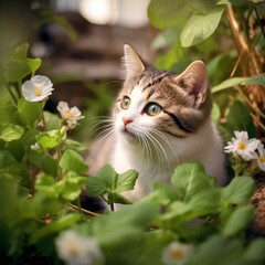 Curious Tabby Kitten in a Green Garden with White Flowers