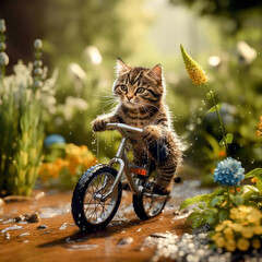Cute Kitten Riding a Bicycle Through a Garden