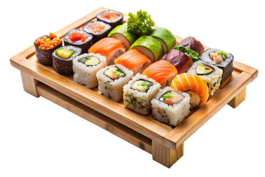 Wooden tray with sushi on a transparent or clear surface PNG transparent background
