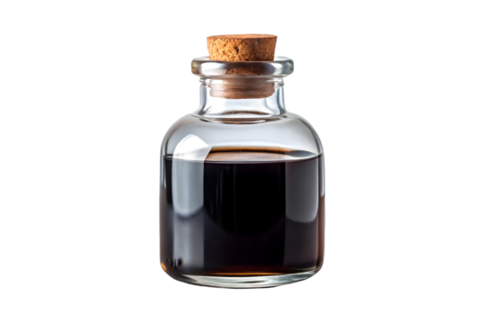Captivating elixir intriguing black substance inside glass bottle on transparent background