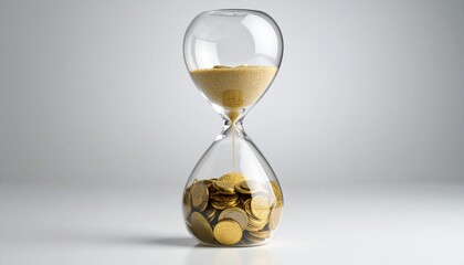 A transparent hourglass with sand flowing into a base of gold coins, symbolizing time and financial investment. Ideal for finance, wealth management, and retirement planning advertising