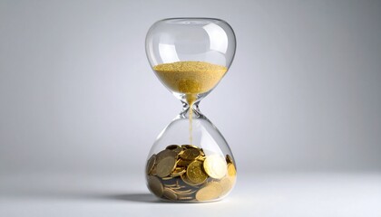 A transparent hourglass with sand flowing into a base of gold coins, symbolizing time and financial investment. Ideal for finance, wealth management, and retirement planning advertising