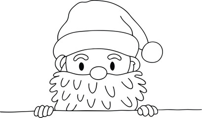 Simple line drawing of a cheerful santa claus peeking over a line with his hands