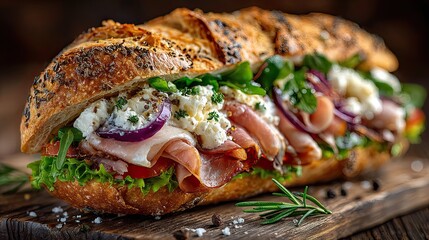 Hoagie day gourmet sandwich with fresh deli ingredients on rustic board, foodie celebration concept for culinary ads