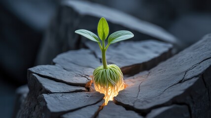 A small green plant growing out of cracked earth with a bright light shining from underneath it all