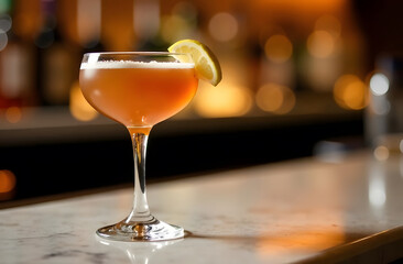 A glass of orange cocktail with a slice of lemon on the bar counter