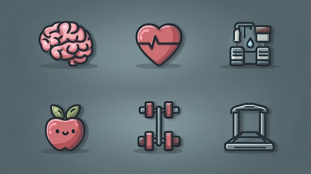 Healthy brain lifestyle icons set with wellness symbols, mental fitness reminder concept for health, science, design ads
