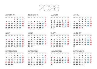 2026年の月曜始まりの年間カレンダーです。横位置