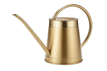Elegant brushed brass watering can with a long spout and curved handle isolated on transparent background