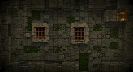 Dungeon prison cell design depicts a stone block castle with barred windows and a hidden room lit by a golden glow