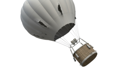 Damaged Gray Hot Air Balloon with Wicker Basket and Ripped Fabric.