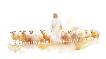 Watercolor painting depicting jesus as caring shepherd, leading peaceful flock through lush meadow, representing divine guidance and spiritual nurturing