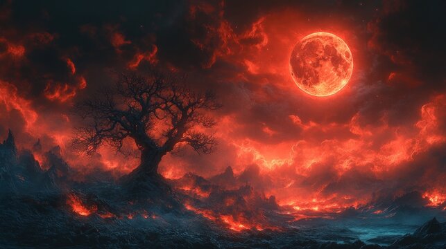 Fiery moonlit desolate landscape