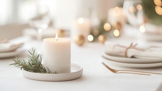 Minimalist christmas table setting with burning candle, rosemary, plates, napkin and christmas lights, copy space