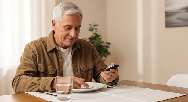 Senior Man Monitors Blood Sugar at Home with Modern Glucometer for Healthy Lifestyle