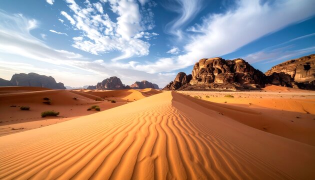 Dramatic Sand Dunes in Wadi Rum Desert with Jordan, and Under a Cloudy Sky. - Powered by Adobe