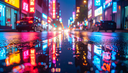 Neon Reflections on Rainy City Street