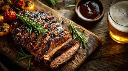 Grilled steak beer board with rustic wood background, hearty pub meal food styling concept for culinary design ads