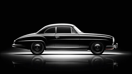 Obraz premium Side view of a classic black coupe car with reflection against a dark black background studio shot