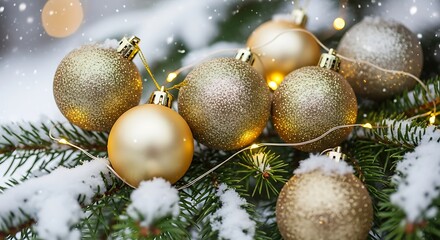 Sparkling Gold Christmas Ornaments on Snowy Pine Branch