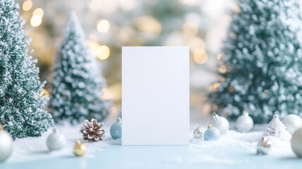 White greeting card leaning against blue surface, surrounded by festive ornaments and soft focused holiday greenery