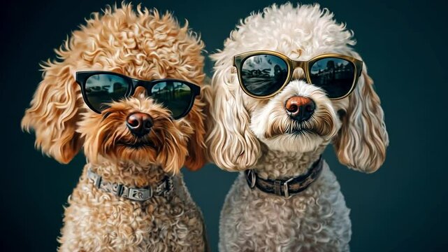Two stylish poodles wearing sunglasses. One is a curly brown poodle, and the other is a fluffy white poodle. Both dogs have playful expressions.