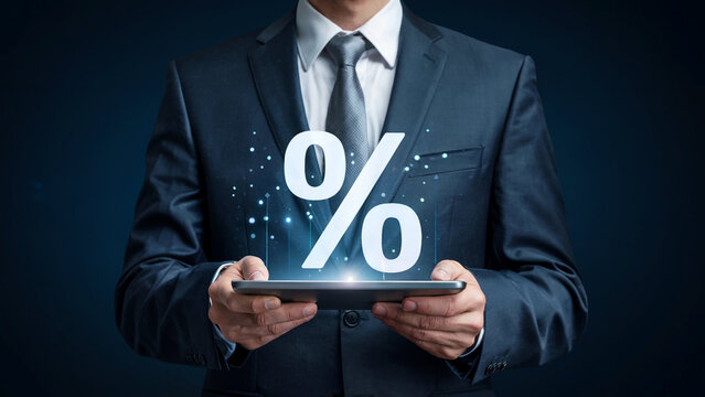Businessman holding a tablet displaying a large white percentage symbol with glowing digital particles and lines against a dark blue background