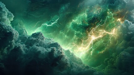 Green yellow lightning background with dramatic electric energy burst, powerful nature force concept for design ads