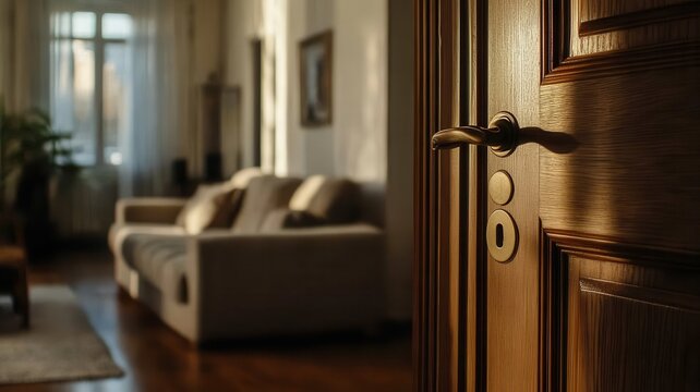 Close up of vintage door handle on opened wooden door, revealing blurred view of home interior, creating sense of welcome and nostalgia