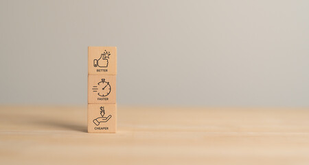 Market positioning; Marketing strategy concept; Better; Faster; Cheaper. Wooden blocks labeled...