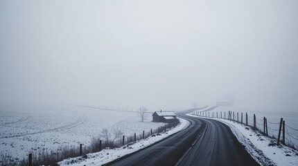 Winding Road in Snowy Landscape: A captivating visual of a solitary, winding road traversing a snow-covered rural expanse, leading toward an unknown destination.