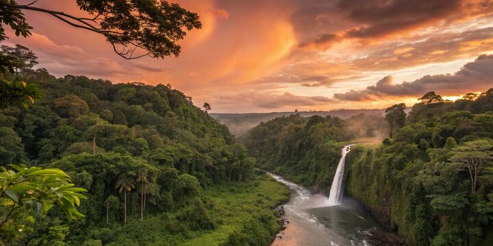amazon rainforest, tropical vegetation, jungle landscape with creek, rocks overgrown with moss, riverbank plants and lianas, fictional landscape created with generative ai 