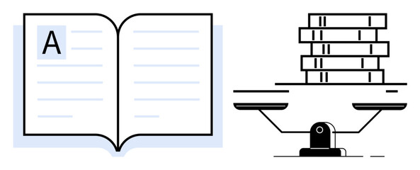 Open book and balanced scale holding stacked books, symbolizing equality, education, and fairness. Ideal for justice, knowledge, law, equality learning research balance. Simple flat metaphor